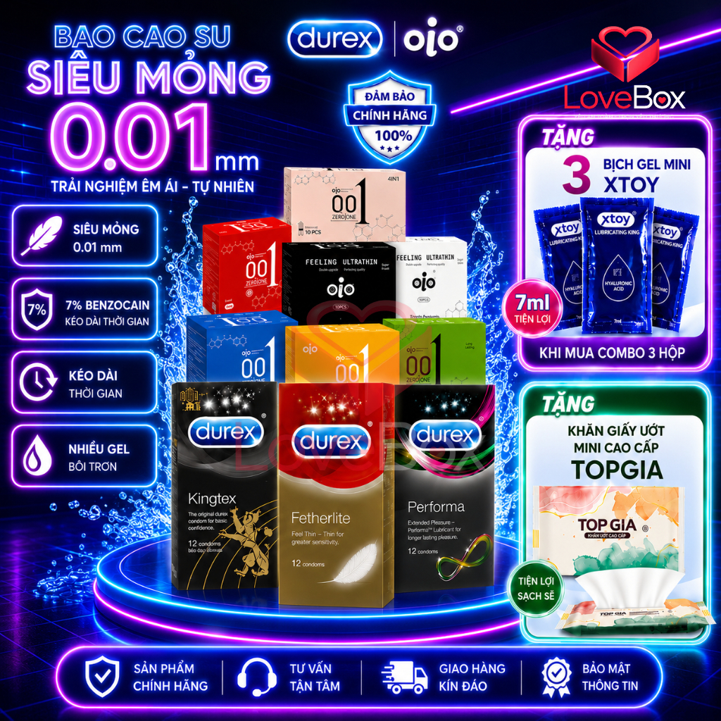 Bao cao su siêu mỏng 001 OiO Bcs Durex kéo dài thời gian, bcs chống xuất tinh sớm nhiều gel bôi trơn