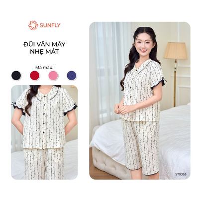Bộ mặc nhà pijama nữ áo cộc quần ngố đũi vân mây mềm mại, thoáng mát SUNFLY ST9353