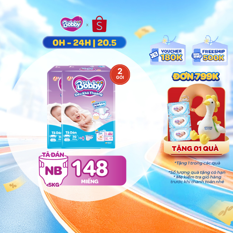 Combo 2 tã dán sơ sinh Bobby NB70/S54/M46 mới- Lõi nén cotton-soft 3mm