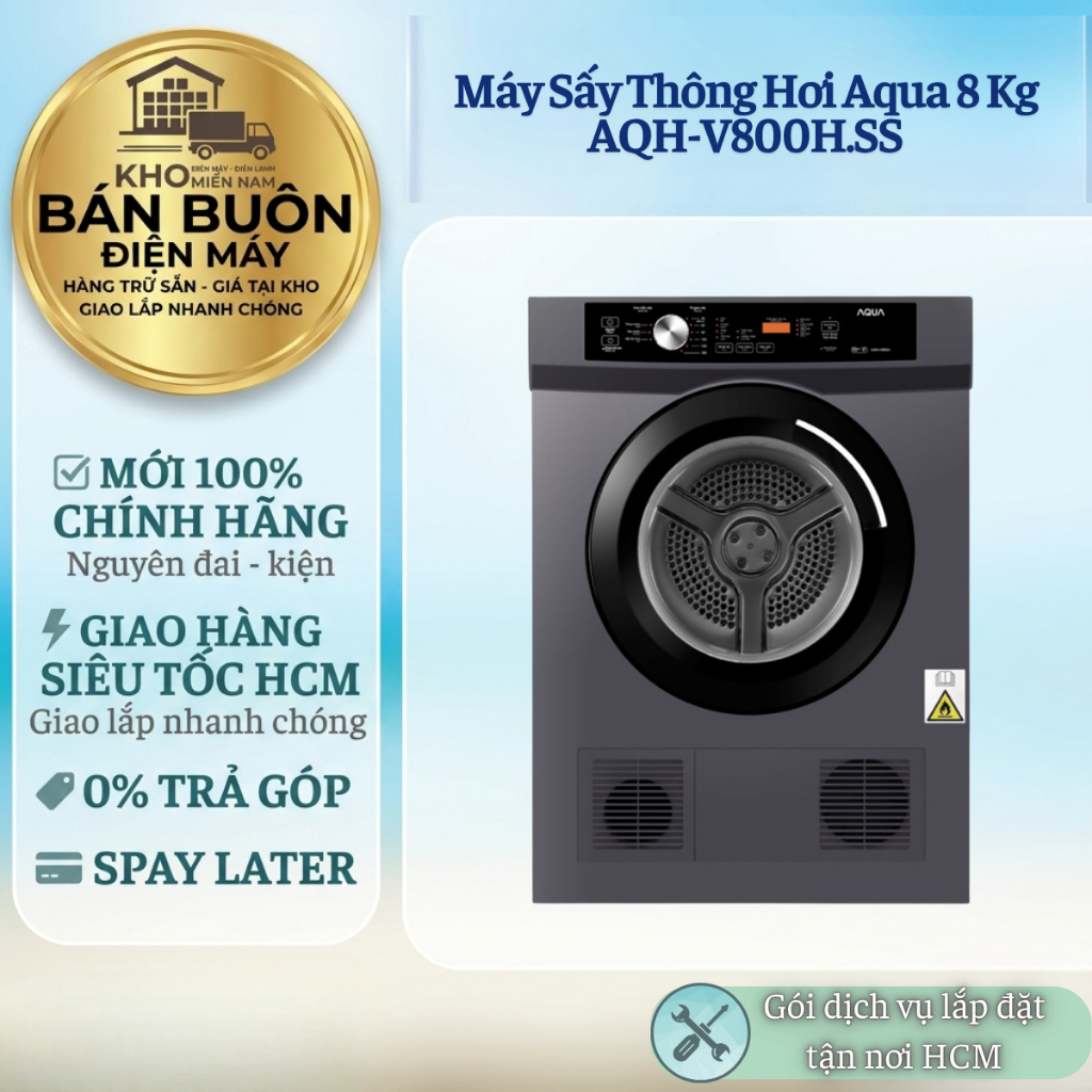 AQH-V800H(SS) Máy Sấy Quần Áo Aqua 8kg, Sấy Thông Hơi, Chống Nhăn, Thiết Kế Sang Trọng AQH-V800H(SS)