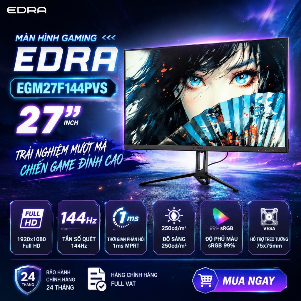 Màn hình Gaming EDRA EGM27F144PVS 27 Inch | IPS | Full HD | 144Hz | 1ms - Hàng chính hãng FULL VAT