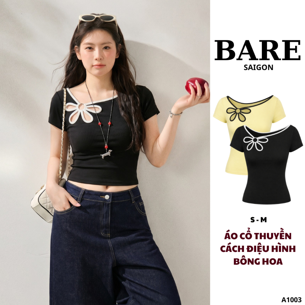 BARE_Áo Thun Baby Tee Liền Vai Cổ Thuyền Cách Điệu Hình Bông Hoa_A1003