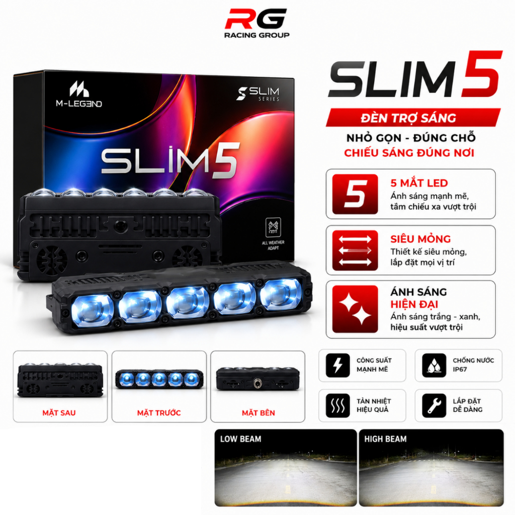 Đèn Trợ Sáng 5 Mắt M Legend Slim 5 75W-104W 5500K CRI85 Siêu Mỏng
