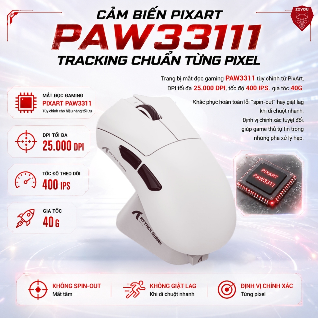 Chuột Gaming Không Dây Ziyou Attack Shark V3 Pro Cảm Biến PAW3311, Dock Sạc RGB, 1000Hz, Pin 500mAh | BigBuy360 - bigbuy360.vn