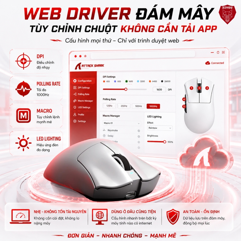 Chuột Gaming Không Dây Ziyou Attack Shark V3 Pro Cảm Biến PAW3311, Dock Sạc RGB, 1000Hz, Pin 500mAh | BigBuy360 - bigbuy360.vn