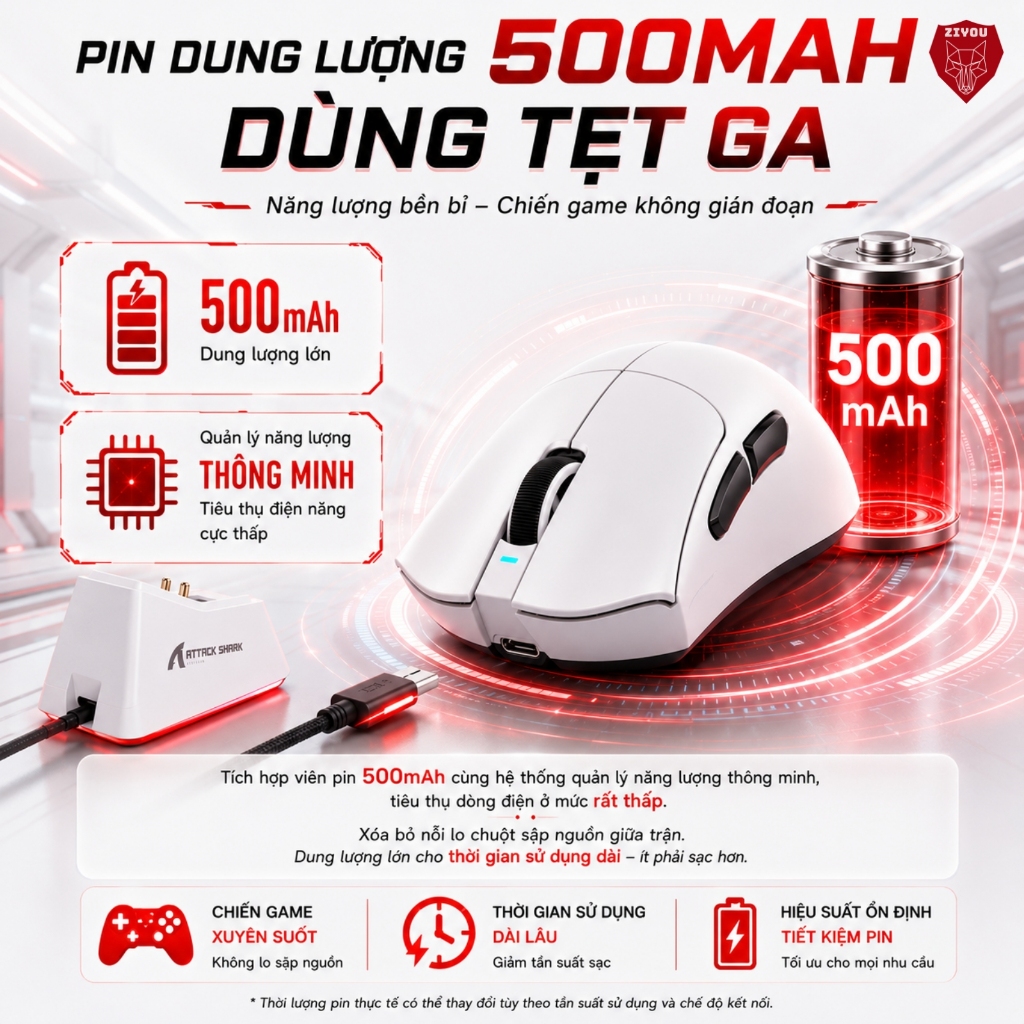 Chuột Gaming Không Dây Ziyou Attack Shark V3 Pro Cảm Biến PAW3311, Dock Sạc RGB, 1000Hz, Pin 500mAh | BigBuy360 - bigbuy360.vn