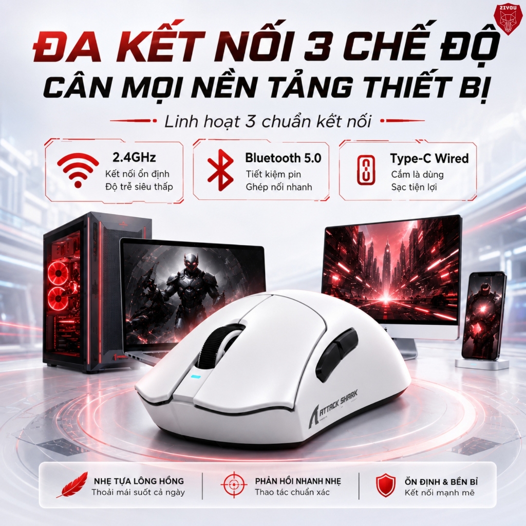 Chuột Gaming Không Dây Ziyou Attack Shark V3 Pro Cảm Biến PAW3311, Dock Sạc RGB, 1000Hz, Pin 500mAh | BigBuy360 - bigbuy360.vn
