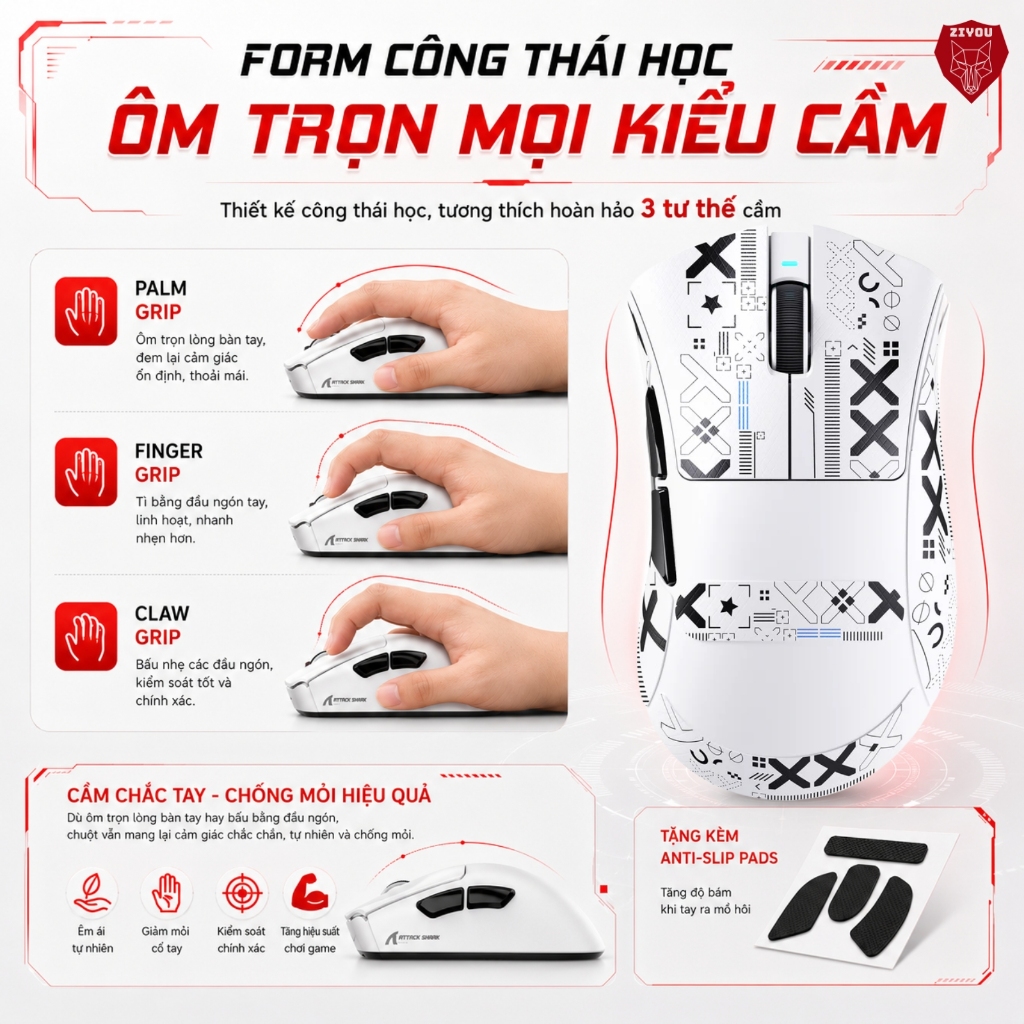 Chuột Gaming Không Dây Ziyou Attack Shark V3 Pro Cảm Biến PAW3311, Dock Sạc RGB, 1000Hz, Pin 500mAh | BigBuy360 - bigbuy360.vn