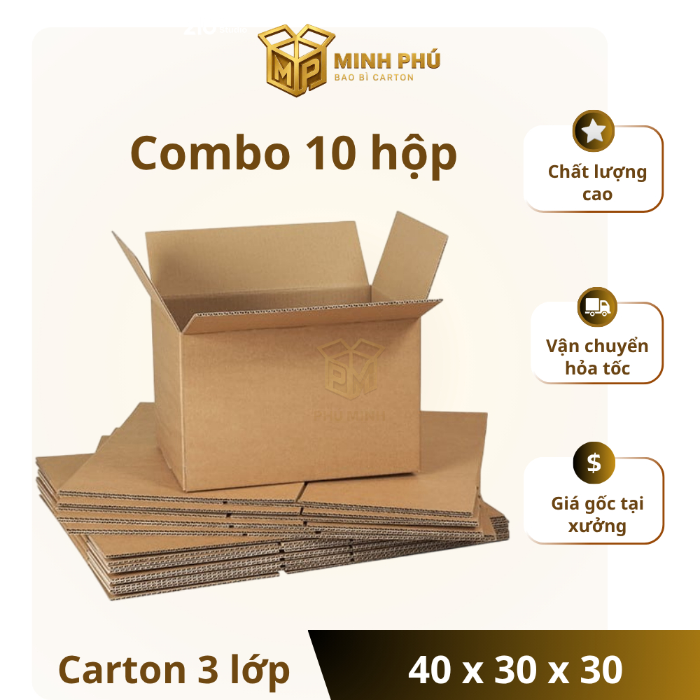 [COMBO] 10 Hộp carton 40x30x30 đóng hàng 3 lớp, thùng carton đóng hàng chất lượng Minh Phú