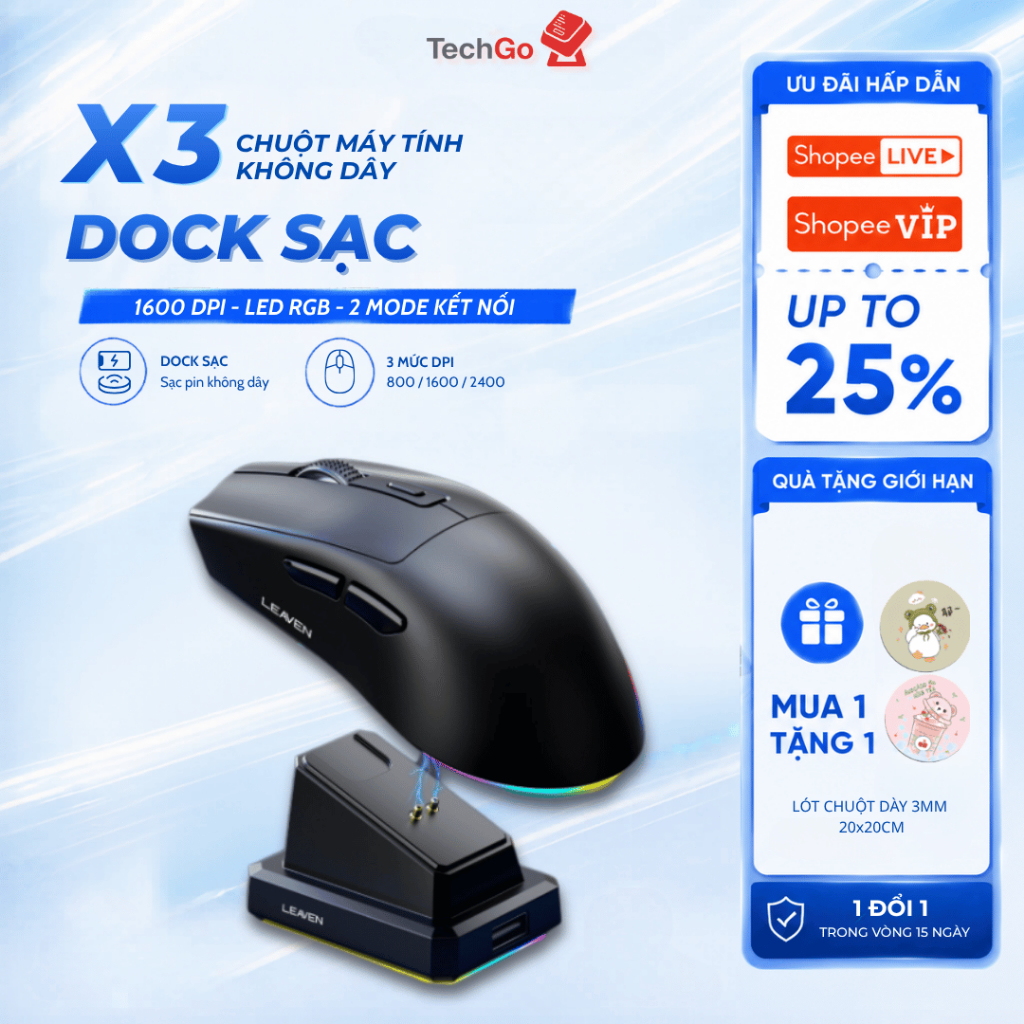 Chuột Gaming LEAVEN X3 CHIP PRO Thiết Kế Công Thái Học, Chuột Không Dây 2 Chế Độ Kèm Sạc Không Dây