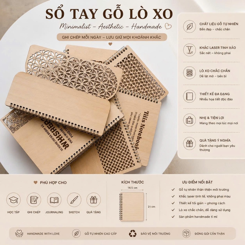 Sổ Tay Bìa Gỗ Plywood Khắc Laser Mẫu 01-05 — ảnh listing minh họa