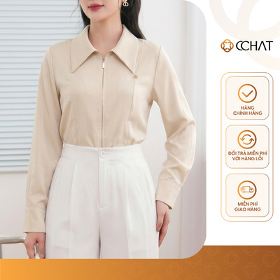 Áo Sơ Mi Nữ 𝐂𝐂𝐇𝐀𝐓 Dáng Suông Cổ Đức Tay Dài Clara Chất Liệu Thô Bamboo Mềm Mại 16FDT2084ST