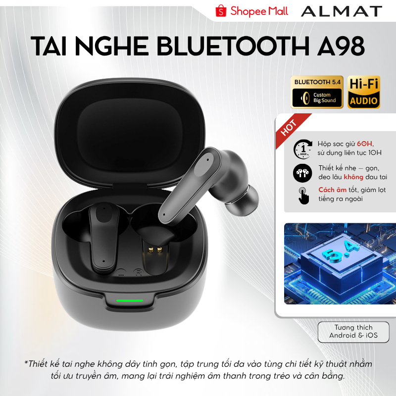 Tai Nghe ALMAT A98 Bluetooth 5.4, Thiết Kế Nhỏ Gọn, Kết Nối Nhanh,Âm Thanh Rõ Nét,Mic Đàm Thoại Rõ R