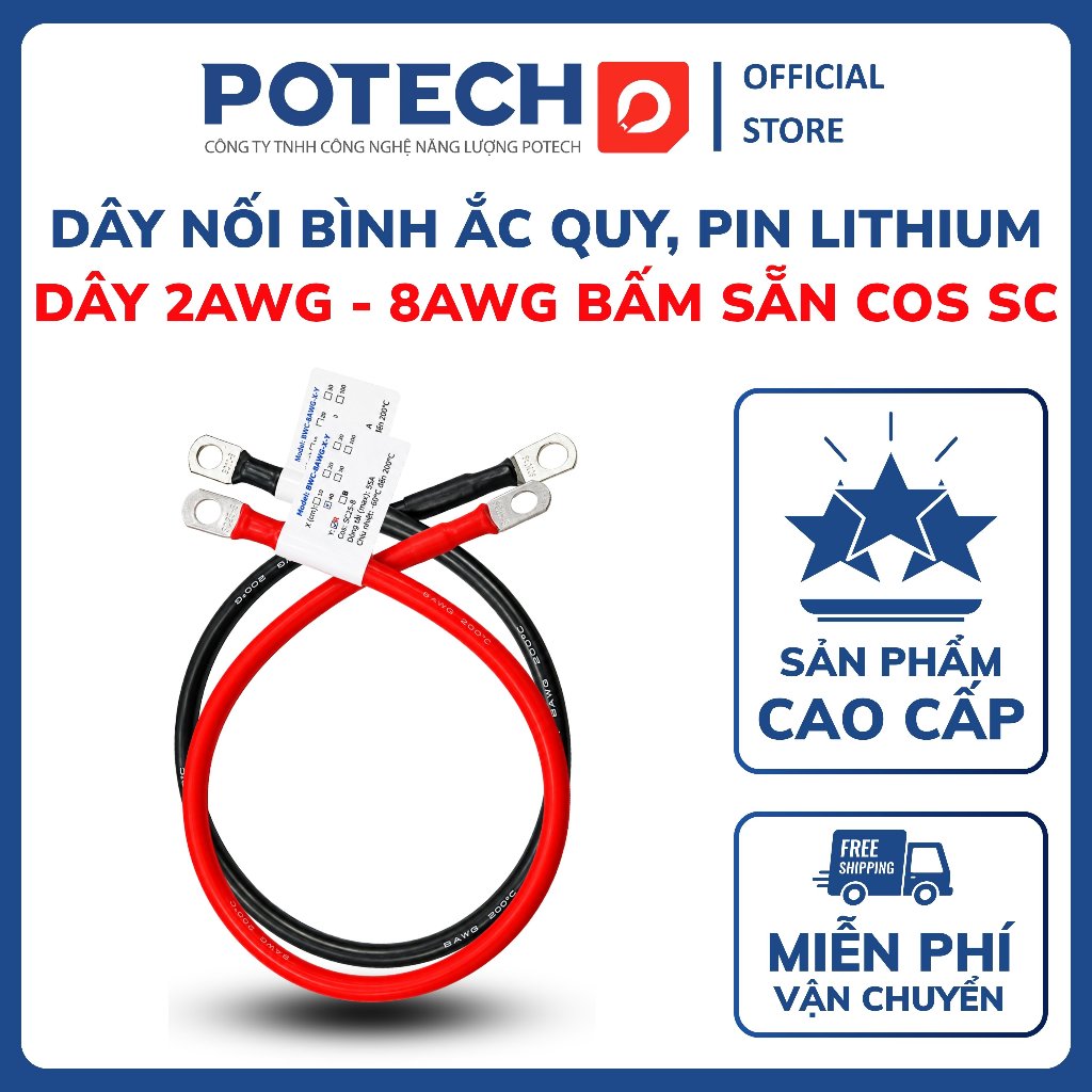Dây nối bình acquy, pin Lithium 2AWG 4AWG 6AWG 8AWG, dây điện chống cháy bấm sẵn cos chịu tải cao