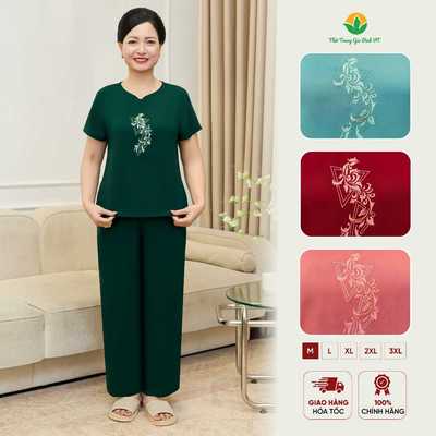 Đồ bộ lanh tole trung niên Việt Thắng, quần dài áo cộc tay thêu, bộ mặc nhà thoáng mát B28.6092