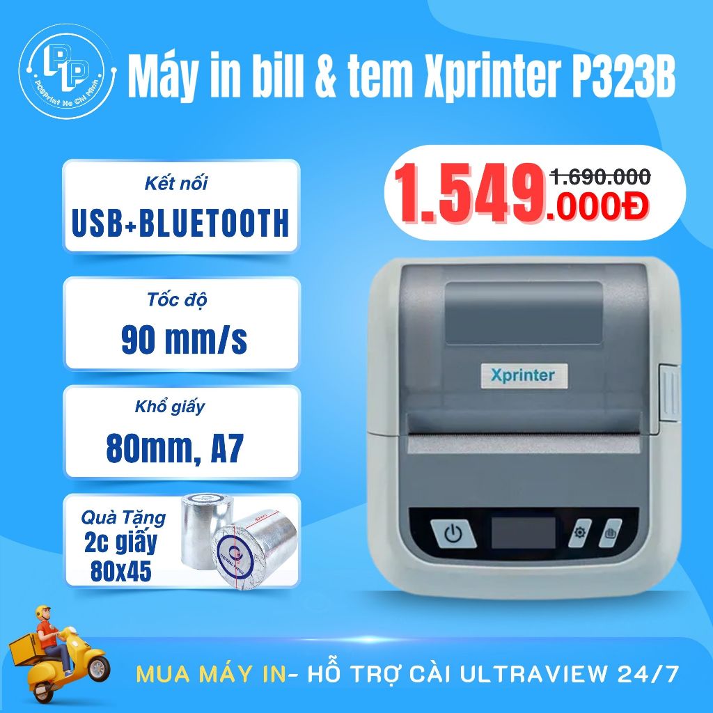 [IN BLUETOOTH] Máy in hoá đơn tính tiền, in tem nhãn XPRINTER P323B khổ 80mm, khổ 2 tem, decal A7, k