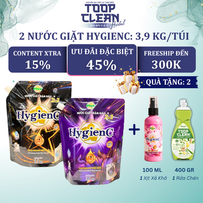 [NEW] Combo 2 Túi Nước Giặt HygienC Plus 3,9 Kg/Túi Đậm Đặc Hương Nước Hoa - Sản Xuất Tại Việt Nam