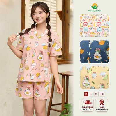 Đồ bộ Pijama nữ chất Cotton rayon Việt Thắng quần đùi áo cộc tay họa tiết dễ thương B43.6079