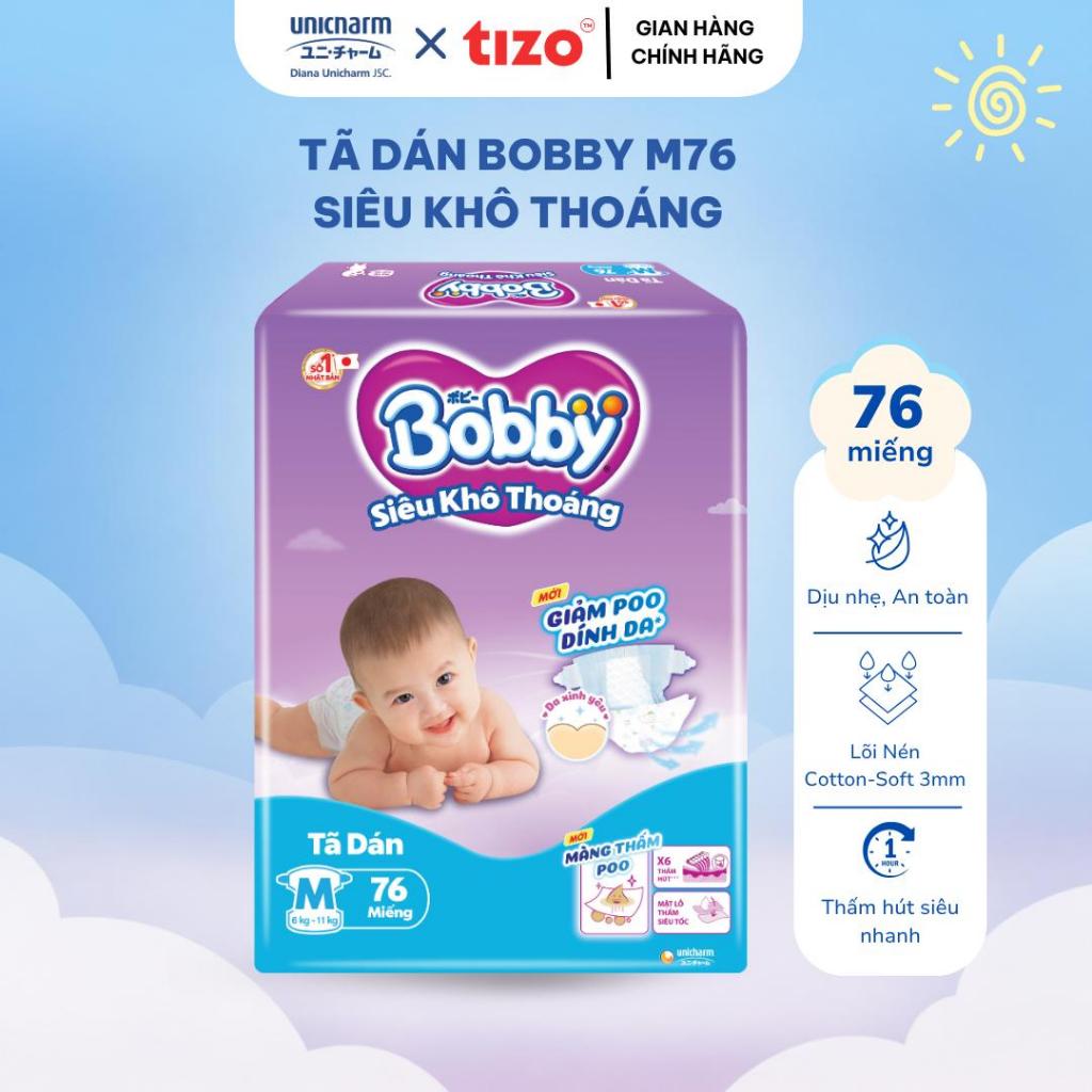 Bobby Tã dán Bobby siêu khô thoáng M76 - 76 miếng, thiết kế giữ khô thoáng, chất lượng tin cậy cho b