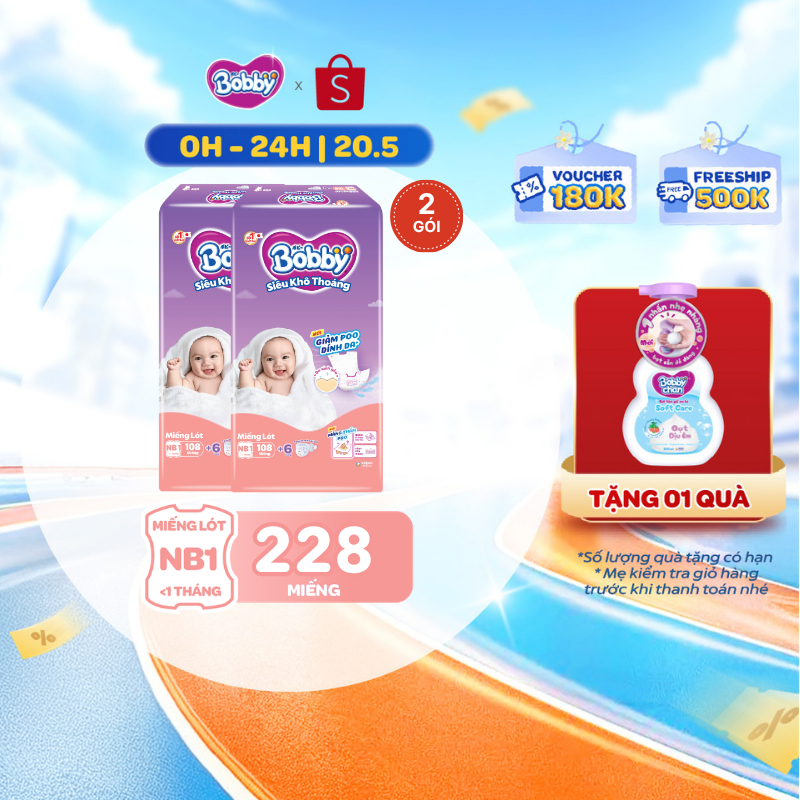 [MUA 2 TẶNG 1] Combo 2 gói miếng lót sơ sinh Bobby Newborn 1-108 miếng  - Tặng miếng ngẫu nhiên