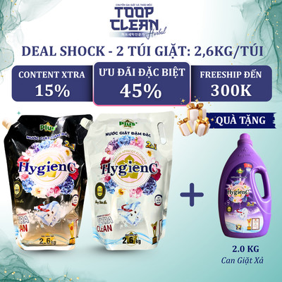 [Deal Quà Sốc] Combo 2 Túi Nước Giặt Đậm Đặc HygienC Plus 2.6Kg Hương Nước Hoa - Sản Xuất Tại Việt Nam