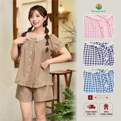 Đồ bộ nữ mặc nhà chất kẻ kate quần đùi áo cộc tay cổ vuông phối ren thời trang Việt Thắng B43.6118