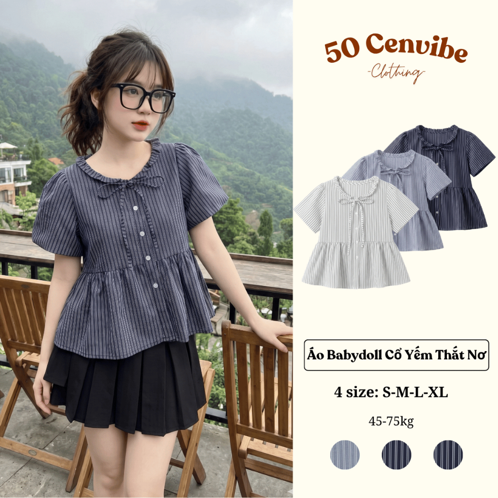 Áo Sơ Mi Nữ Dáng Babydoll Buộc Dây Cô Yếm Có Bigsize 45-75kg Phong Cách Korea Vải Thô Kẻ (50 Cenvibe