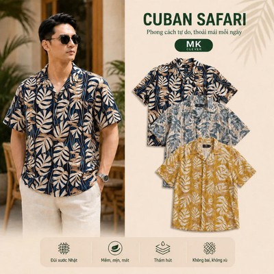 Áo Sơ Mi Cuban nam Safari MKCLEVER chất vải đũi xước mềm mịn, thoáng mát, thấm hút, chống nhăn, form rộng mặc hằng ngày
