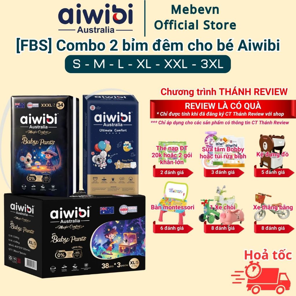 [FBS] Combo 2 bịch bỉm đêm Aiwibi Australia, bỉm đêm cho bé cao cấp, bỉm đêm aiwibi siêu mỏng