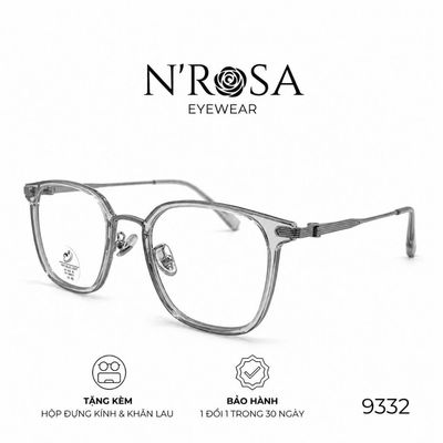 Gọng Kính N’ROSA 9332 – Sự Kết Hợp Tinh Tế Giữa Nhựa Trong Suốt & Càng Kim Loại Mảnh, Form Vuông Bầu Cực Tây, Chất Liệu