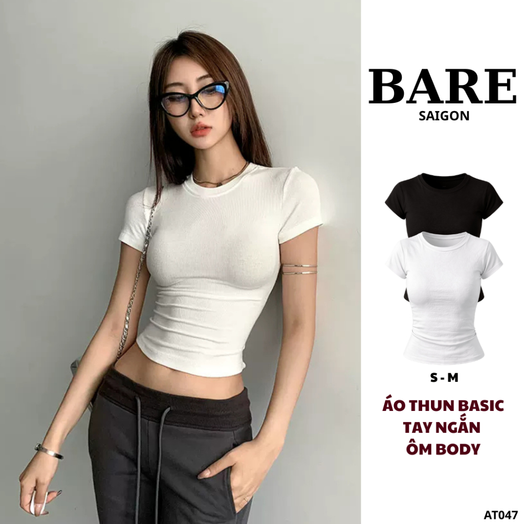 BARE_Áo Thun Thắt Eo Ôm Body Cổ Tròn Basic, Áo Ôm Body Nữ Chất Zip Lụa Dày Dặn, Co Giãn_AT047
