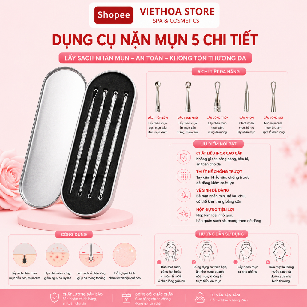 Bộ Nặn Mụn, Dụng Cụ Nặn Mụn 5 Chi Tiết Inox Đẹp Không Gỉ