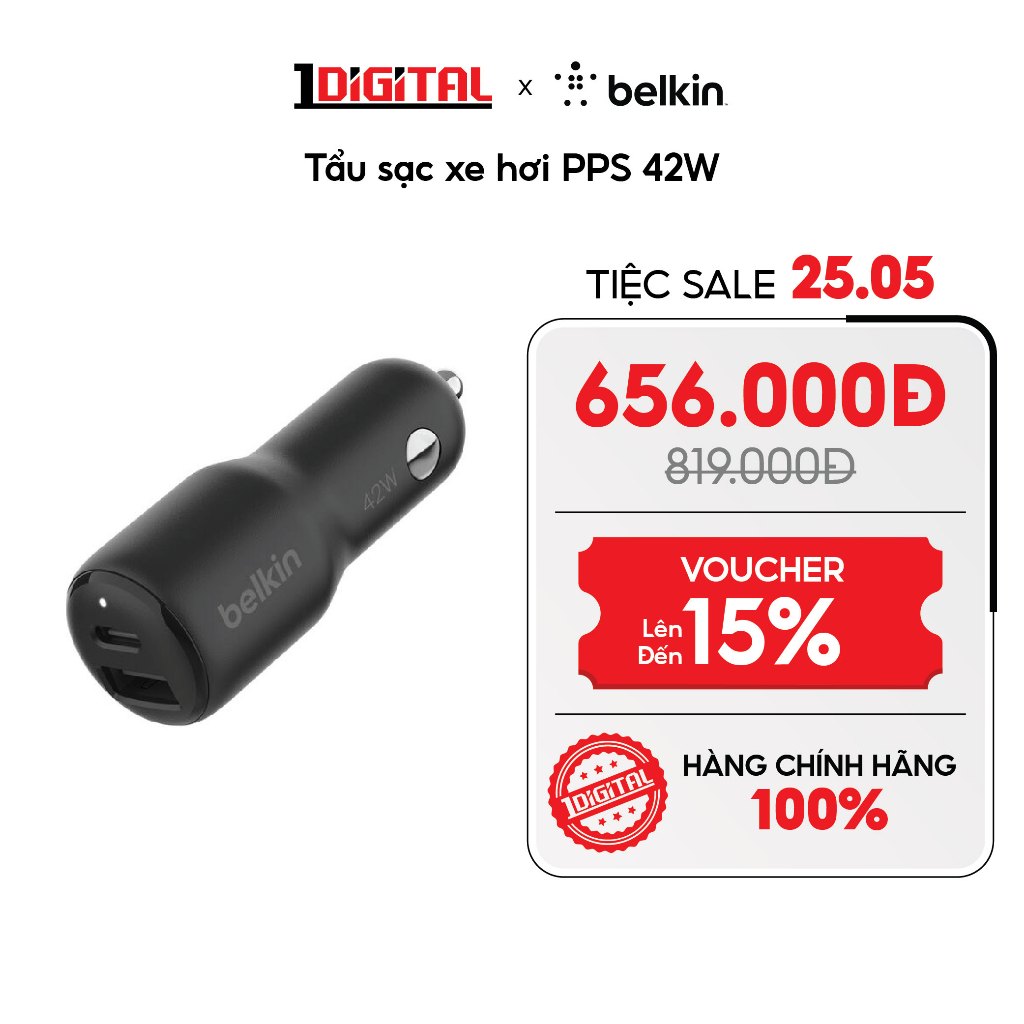 (Belkin) Tẩu sạc xe hơi PPS 42W | 30W USB-C + 12W USB-A Belkin