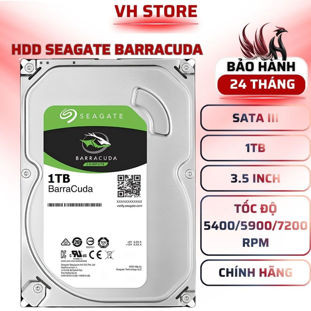 Ổ Cứng HDD Seagate BarraCuda 1TB 7200RPM 256MB SATA 3 CHÍNH HÃNG - BẢO HÀNH 24 THÁNG - VHSTORE