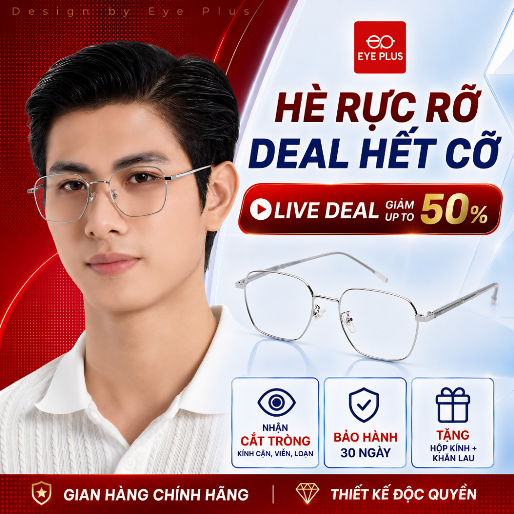 Gọng Kính Cận Mạ Titan Nam Nữ 7125 EyePlus Dáng Vuông Chuôi Bọc Nhựa TR90 Lõi Thép Bền Bỉ Thời Trang