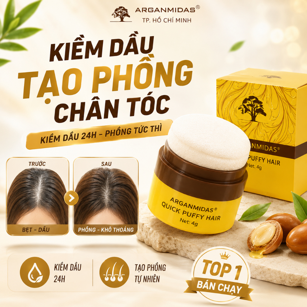 Phấn tóc kiềm dầu tạo phồng Arganmidas, phấn gội khô hỗ trợ giảm bết tóc, tạo phồng chân tóc cho mái