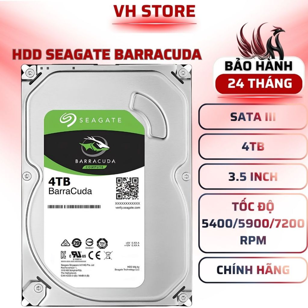 Ổ Cứng HDD Seagate BarraCuda 4TB SATA 3 256MB 3.5 Inch CHÍNH HÃNG - BẢO HÀNH 24 THÁNG - VHSTORE