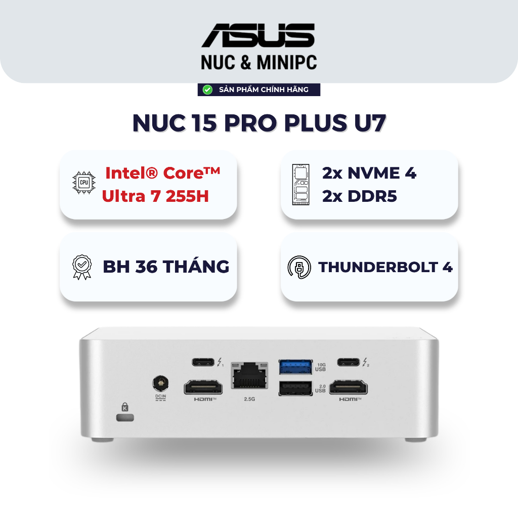 Mini PC ASUS NUC 15 Pro Plus - Intel Core Ultra 7 255H, DDR5 RAM, Dual NVMe Gen4, Model