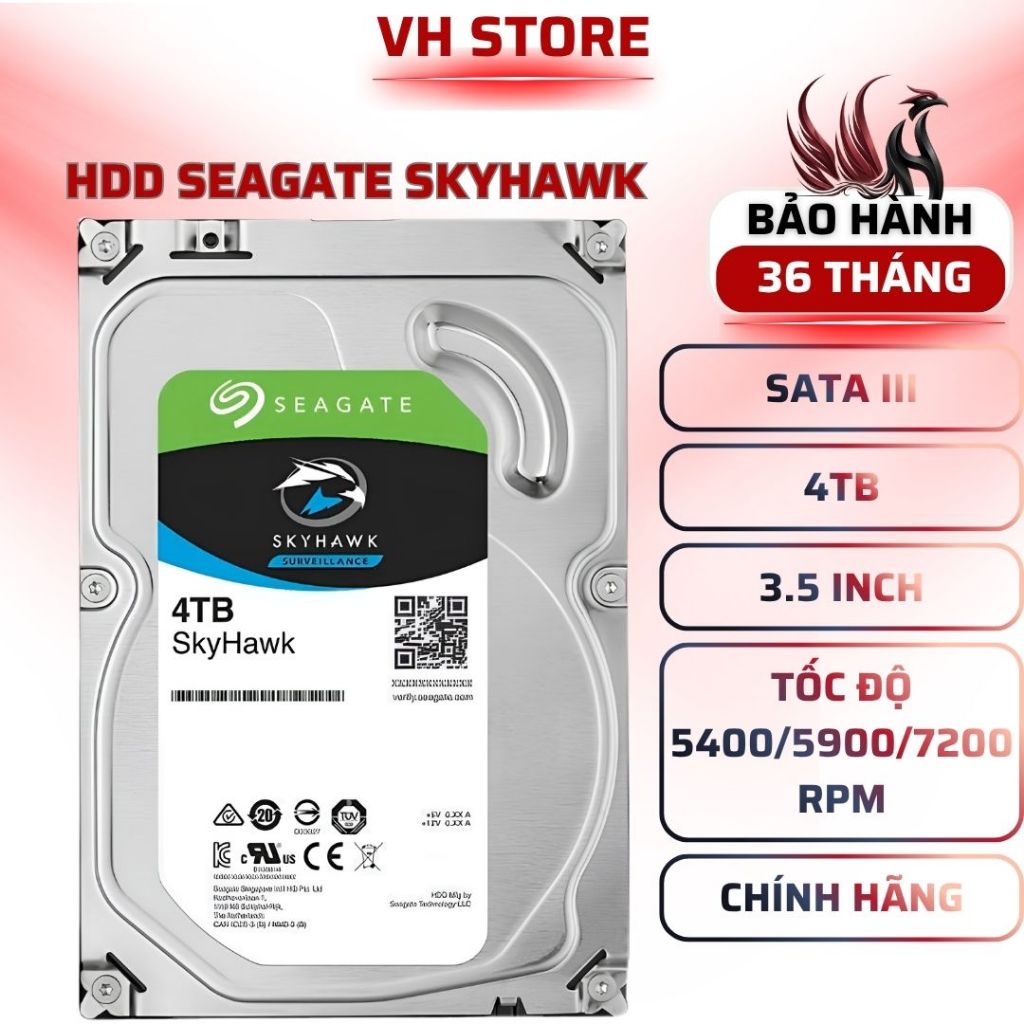 Ổ Cứng HDD Seagate SkyHawk 4TB SATA 3 Camera 5900RPM CHÍNH HÃNG - BẢO HÀNH 36 THÁNG - VHSTORE