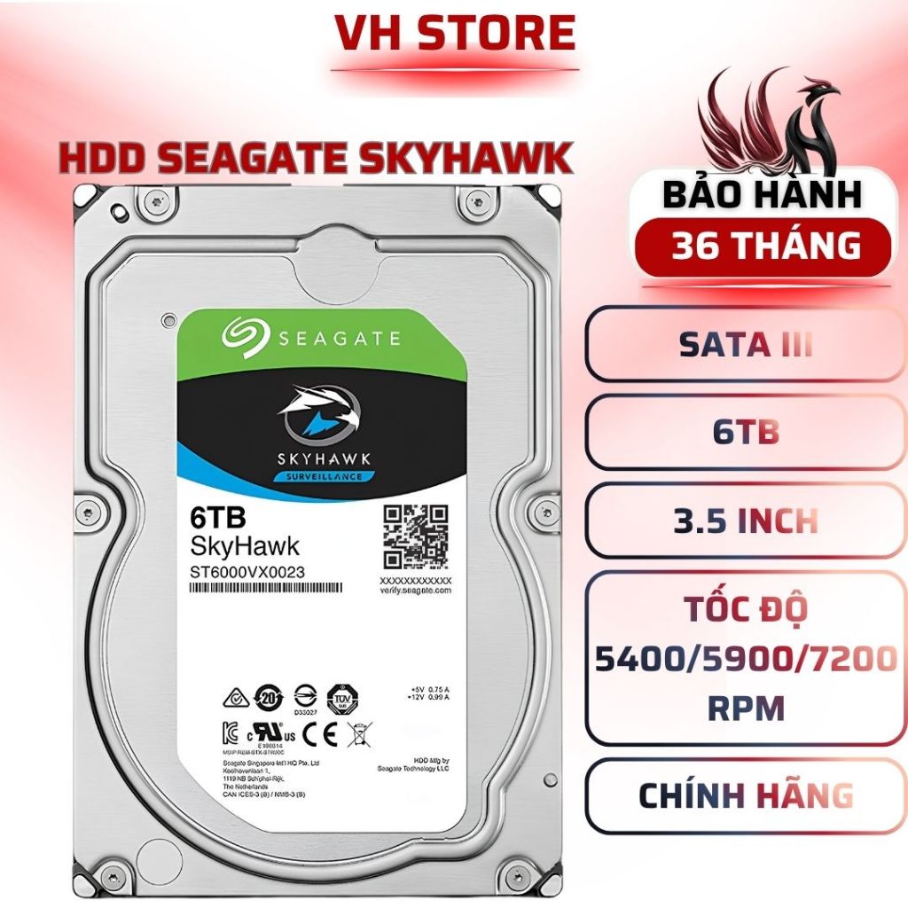 Ổ Cứng HDD Seagate SkyHawk 6TB SATA 3 256MB Camera - BẢO HÀNH 36 THÁNG - VHSTORE