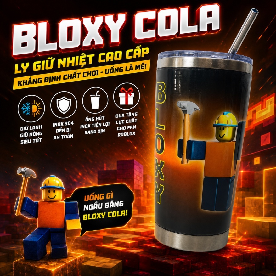 Ly Giữ Nhiệt Bloxy Cola – Inox 304 Cao Cấp, Ống Hút Inox, Quà Tặng Roblox