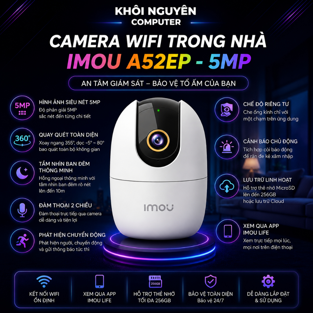 Camera Wifi Trong Nhà Imou A52 5MP 3K Quay Quét 360°, AI Phát Hiện Người, Đàm Thoại 2 Chiều