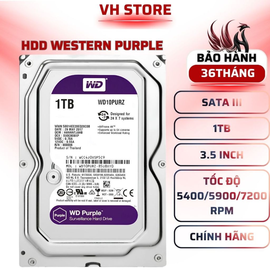 Ổ Cứng HDD WD Purple 1TB/2TB SATA 3 CHÍNH HÃNG - BẢO HÀNH 36 THÁNG - VHSTORE