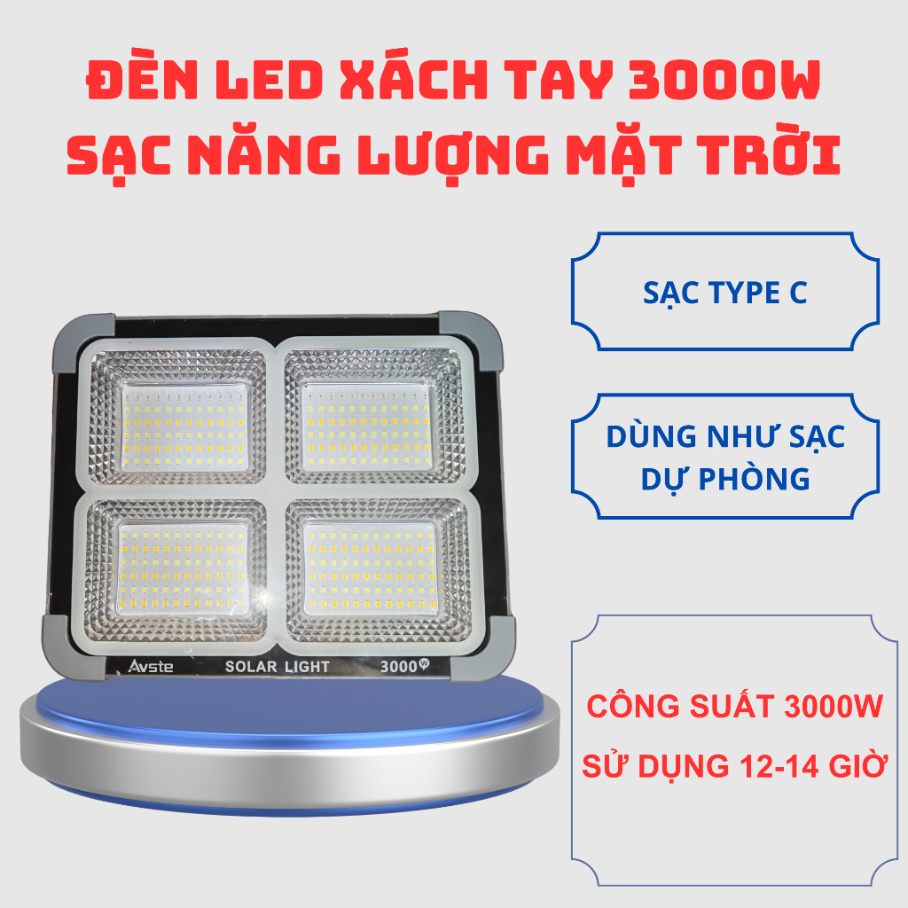 Đèn LED Chiếu Sáng Xách Tay Năng Lượng Mặt Trời AT08 3000W - Pin Khủng 7200mAh/10800mAh