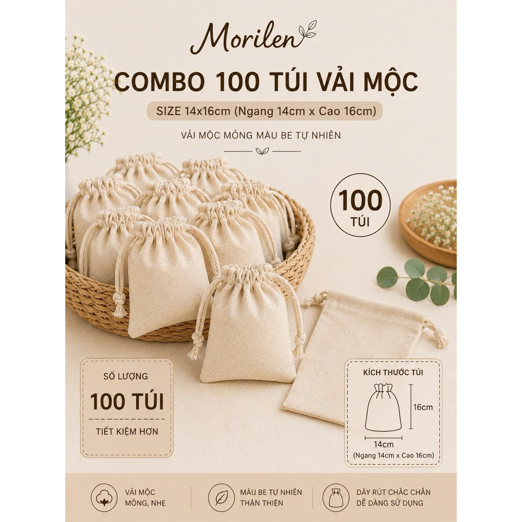 COMBO 100 TÚI RÚT VẢI MỘC 14X16CM