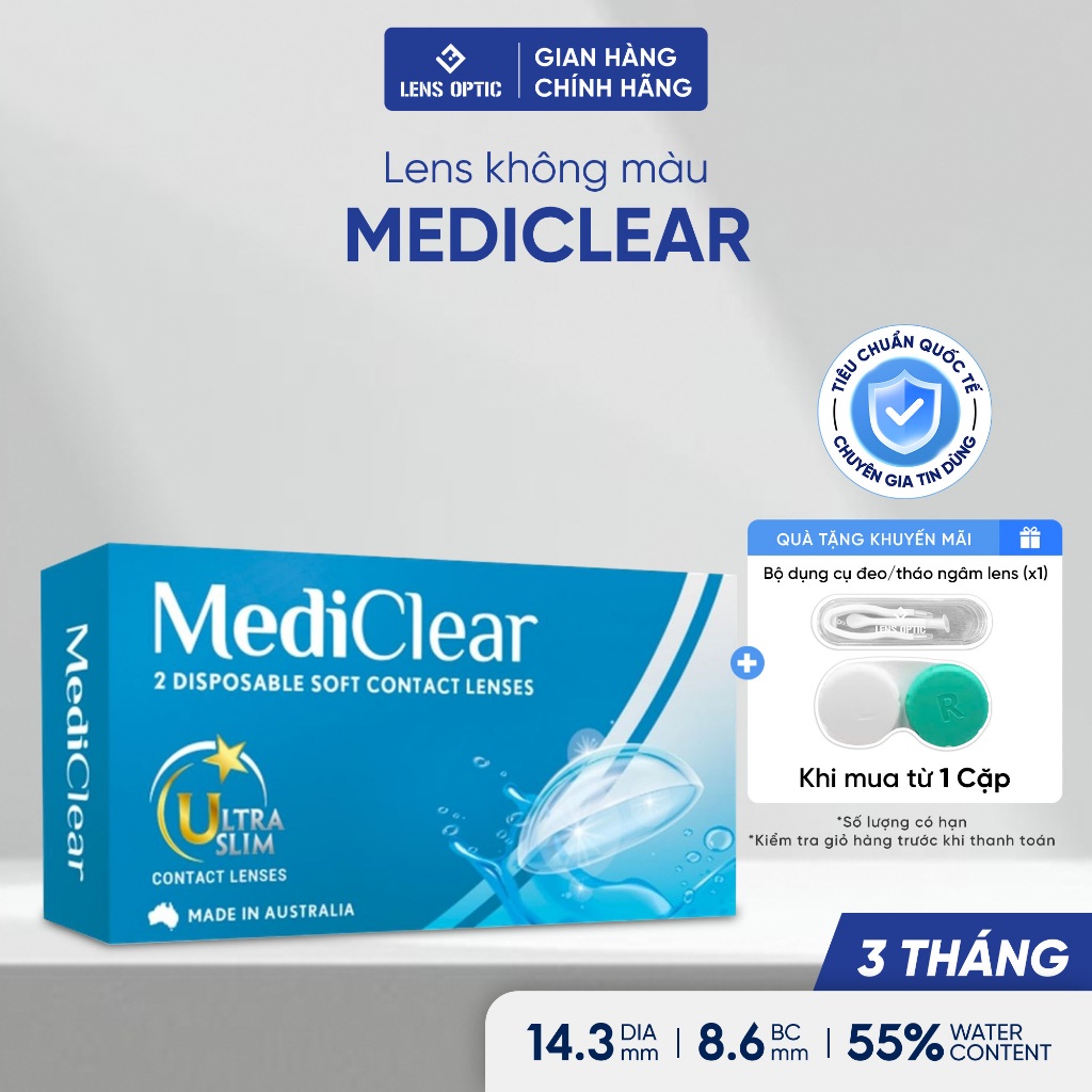 Lens áp tròng 3 tháng trong suốt Mediclear kính áp tròng không màu chính hãng từ Úc - Lens Optic