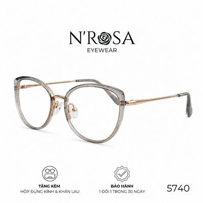 Gọng Kính N’ROSA 5740 – Form Mắt Mèo Trong Suốt Trendy, Càng Kim Loại Chạm Khắc Vân Xoắn, Đỉnh Cao Phong Cách Thanh Lịch
