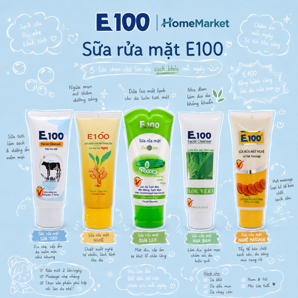 Sữa rửa mặt E100 trắng mịn Bò 50ml