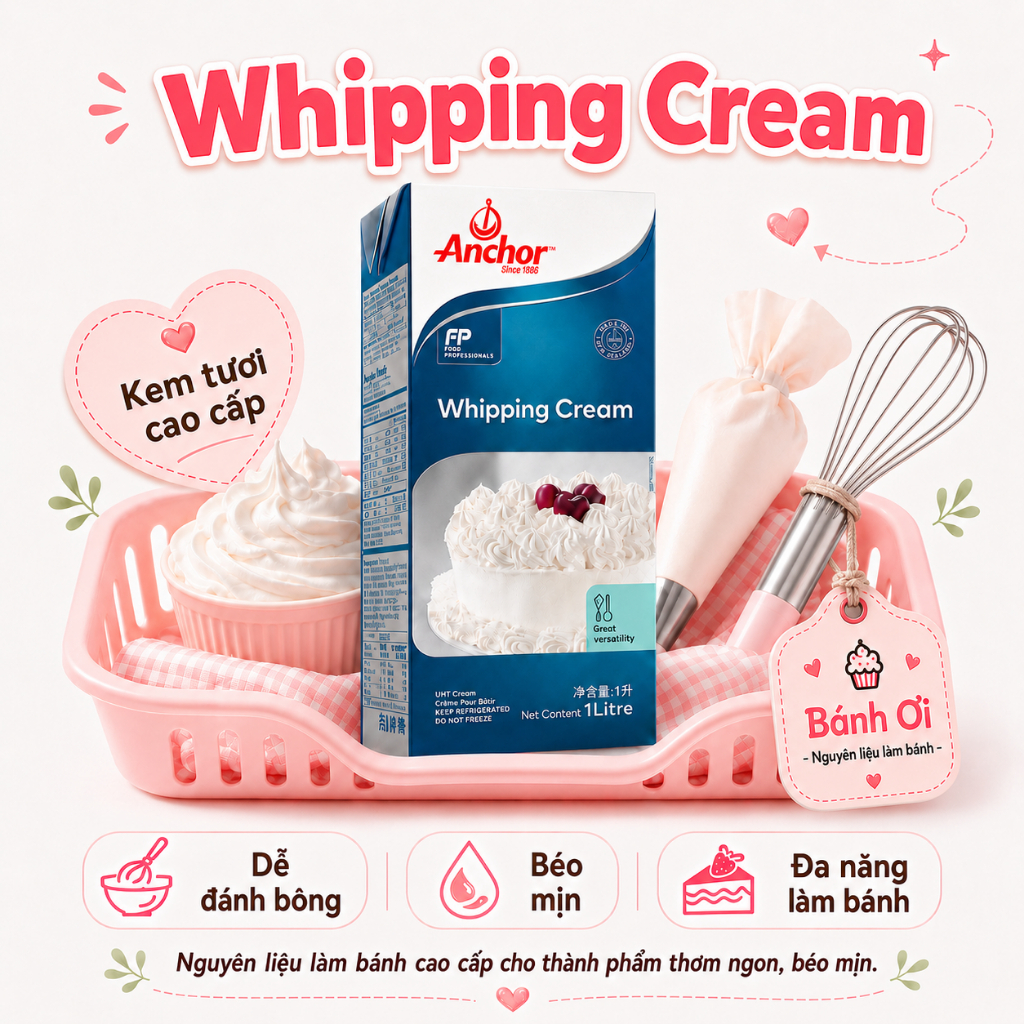 Kem Whipping cream Anchor, Whipping, kem sữa tươi whipping, Whipping Cream - hộp 1lit