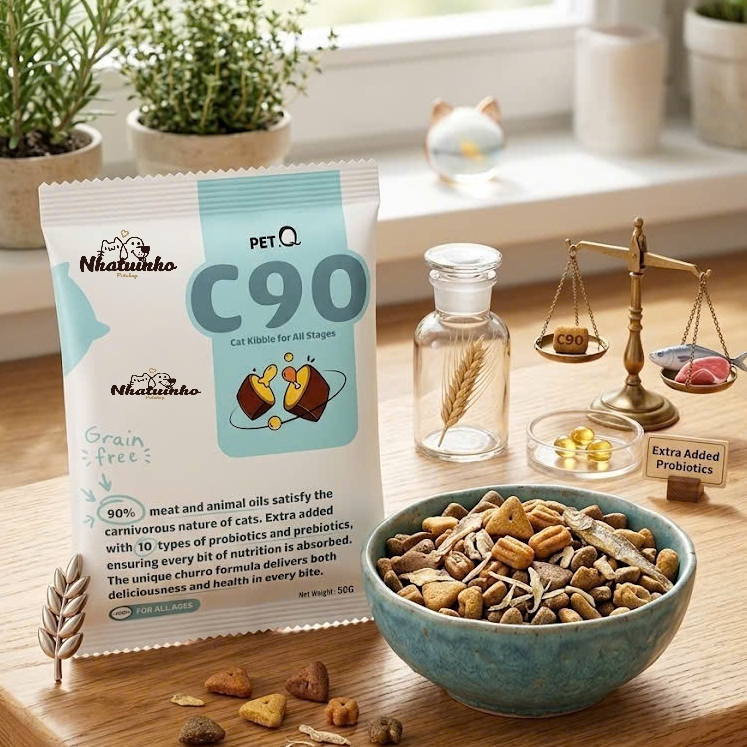[Gói Ăn Thử 50g] Combo 8 Hạt PetQ C90 Cho Mèo Kén Ăn - Hạt C90 Đạm Cao Cao Cấp Giúp Béo Má Mượt Lông